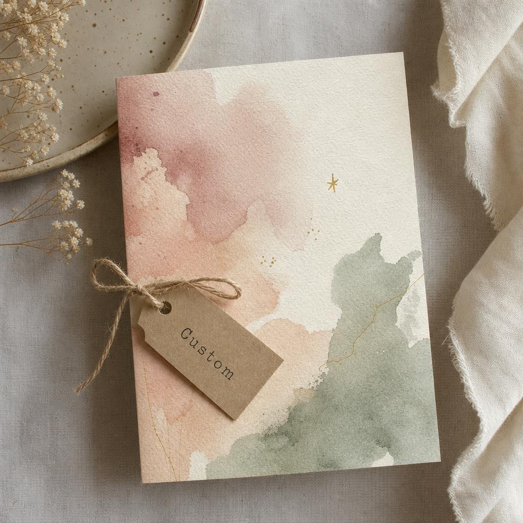 Soft watercolor wash custom greeting card with kraft tag.