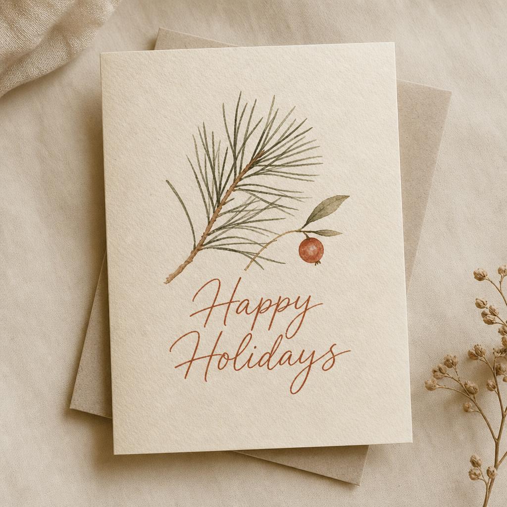Pine sprig and berry happy holidays greeting card.