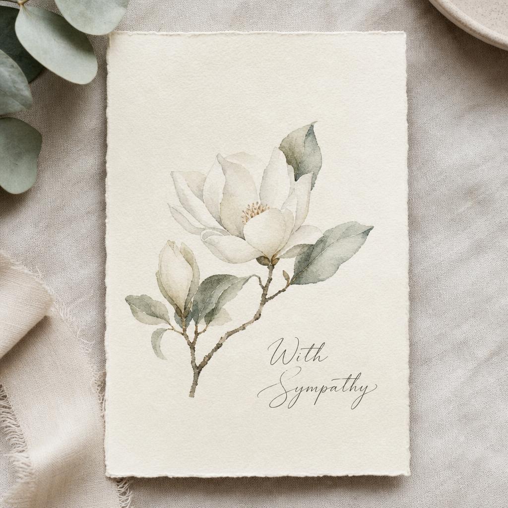 White magnolia branch sympathy greeting card.