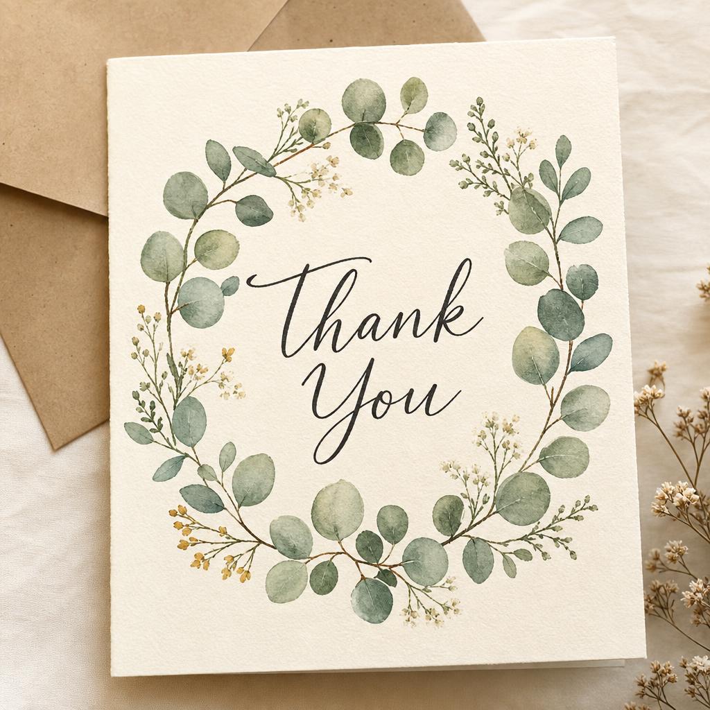 Eucalyptus wreath thank you greeting card.