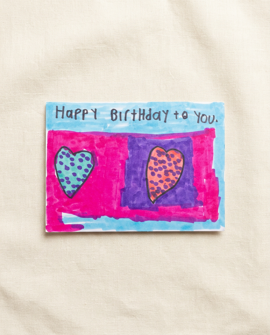Handmade 'Happy Birthday to You' card by Andrew Leicht with two hearts on pink and purple marker blocks.